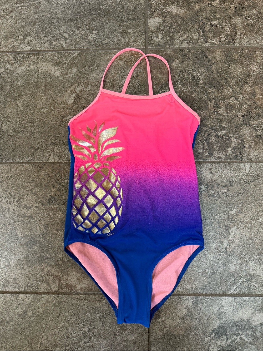 Justice Pink to Blue Ombre One-Piece Swimsuit with Gold Pineapple